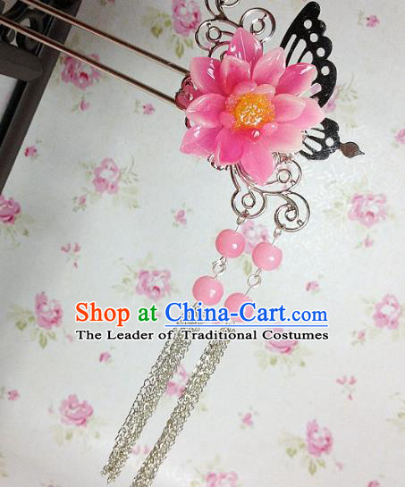 Traditional Chinese Ancient Classical Hair Accessories Hanfu Peach Pink Flower Hair Clip Tassel Step Shake Bride Hairpins for Women