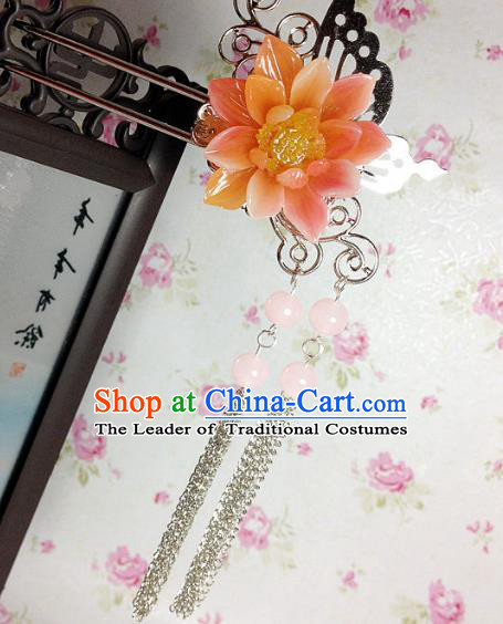 Traditional Chinese Ancient Classical Hair Accessories Hanfu Orange Flower Hair Clip Tassel Step Shake Bride Hairpins for Women