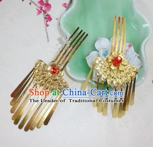 Traditional Chinese Ancient Classical Hair Accessories Golden Hair Comb Bride Tassel Step Shake Hairpins for Women