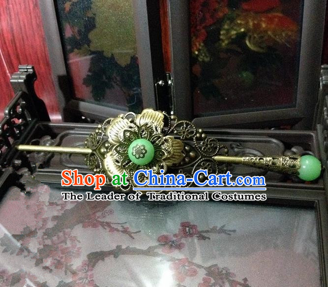 Traditional Handmade Chinese Classical Hair Accessories, Ancient Royal Highness Green Beads Tuinga Hairdo Crown for Men