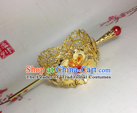 Traditional Handmade Chinese Ancient Classical Hair Accessories Royal Highness Golden Tuinga Hairdo Crown for Men