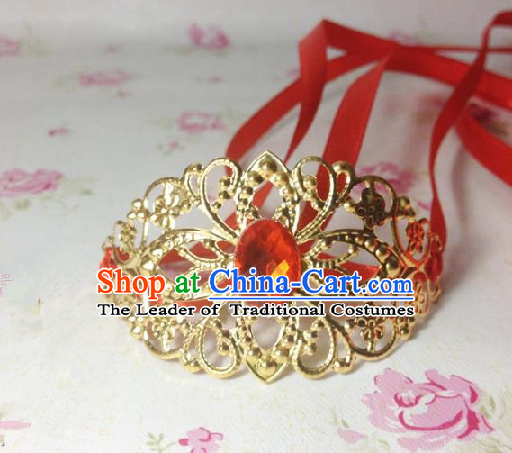 Traditional Handmade Chinese Classical Hair Accessories, Ancient Royal Highness Red Crystal Ribbon Headband Golden Tuinga Hairdo Crown for Men