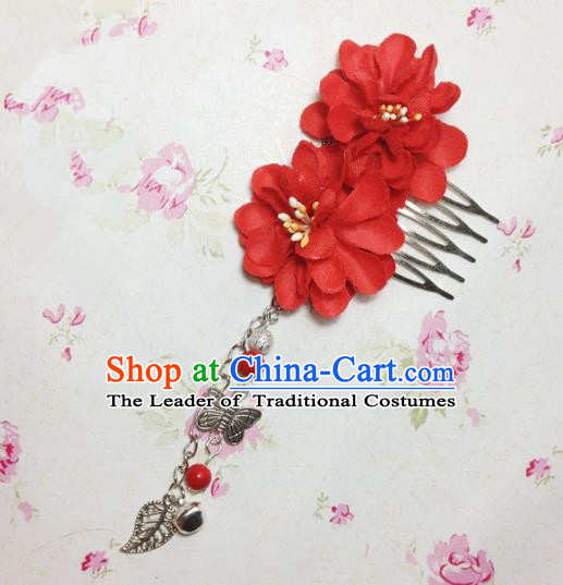 Traditional Chinese Ancient Classical Hair Accessories Hanfu Red Flowers Hair Comb Bride Butterfly Tassel Hairpins for Women