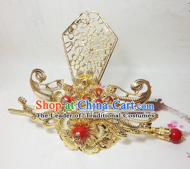 Traditional Handmade Chinese Classical Hair Accessories, Ancient Royal Highness Headband Golden Tuinga Hairdo Crown for Men