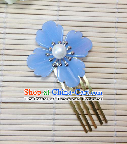 Traditional Chinese Ancient Classical Hair Accessories Hanfu Hair Comb Blue Flower Hairpins for Women