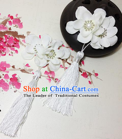 Traditional Chinese Ancient Classical Hair Accessories Hanfu White Flowers Tassel Hair Stick Bride Hairpins for Women