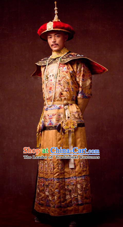 Traditional Ancient Chinese Qing Dynasty Manchu Imperial Emperor Embroidered Dragon Robe Costume and Headpiece Complete Set