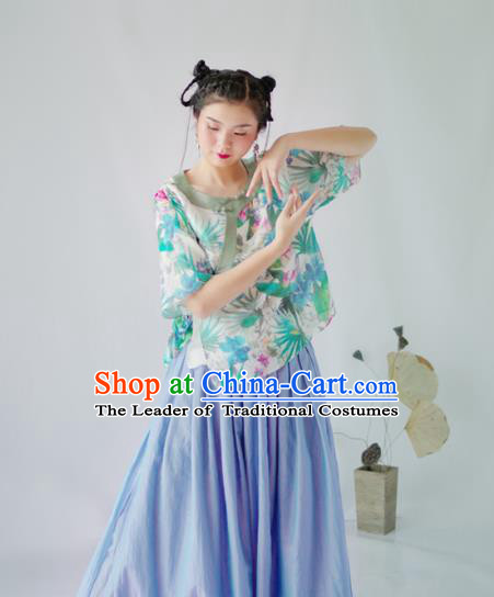 Asian China National Costume Hanfu Slant Opening Printing Flowers Green Qipao Blouse, Traditional Chinese Tang Suit Cheongsam Shirts Clothing for Women