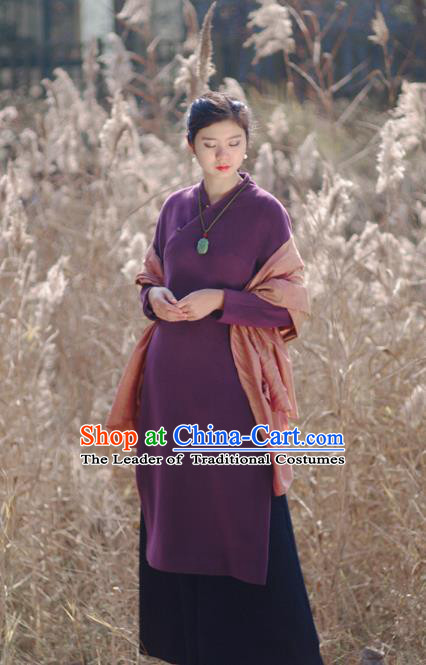 Asian China National Costume Hanfu Slant Opening Purple Woolen Qipao Dress, Traditional Chinese Tang Suit Cheongsam Clothing for Women