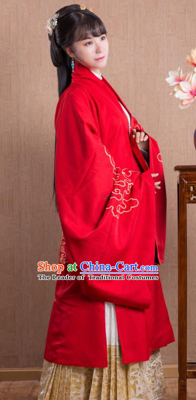 Asian China Ming Dynasty Princess Costume Wide Sleeve Cardigan, Traditional Ancient Chinese Palace Lady Embroidered Hanfu Red Cape Clothing for Women