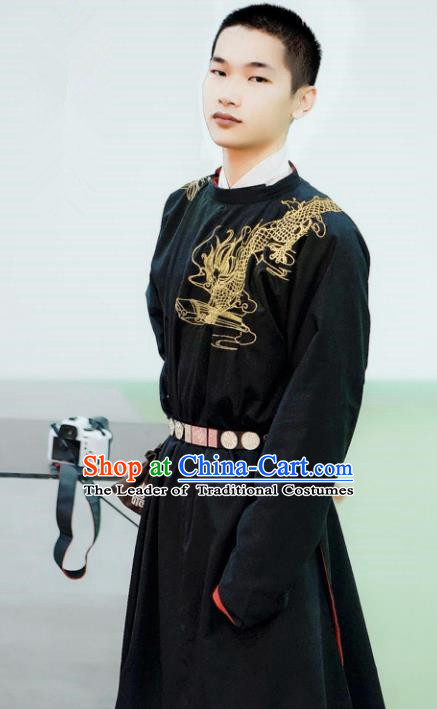 Asian China Tang Dynasty Swordsman Costume Black Robe, Traditional Ancient Chinese Imperial Bodyguard Embroidered Clothing for Men