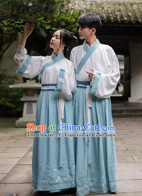 Asian China Han Dynasty Scholar Costume, Traditional Ancient Chinese Hanfu Embroidered Clothing for Women for Men