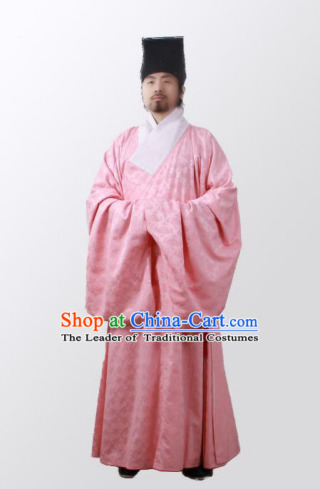 Asian China Ming Dynasty Minister Costume Pink Robe, Traditional Ancient Chinese Chancellor Hanfu Clothing for Men