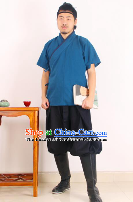 Asian China Ming Dynasty Swordsman Costume Blue Shirts, Traditional Ancient Chinese Hanfu Clothing for Men