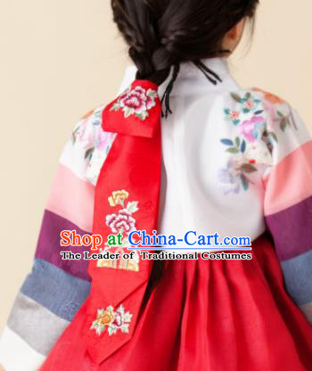 Traditional Korean Hair Accessories Embroidered Flowers Red Hair Ribbon, Asian Korean Fashion Headwear Wedding Headband for Kids