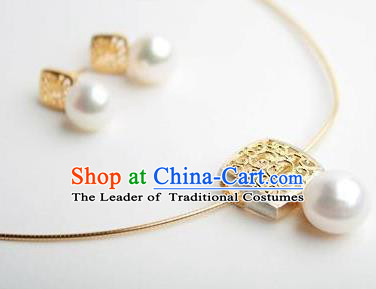 Traditional Korean Accessories Pearls Necklace and Earrings, Asian Korean Fashion Wedding Tassel Decorations for Women