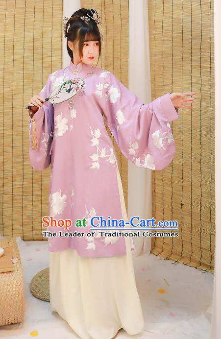 Asian China Ming Dynasty Princess Costume Purple Blouse and Skirt, Traditional Ancient Chinese Palace Lady Hanfu Embroidered Clothing for Women