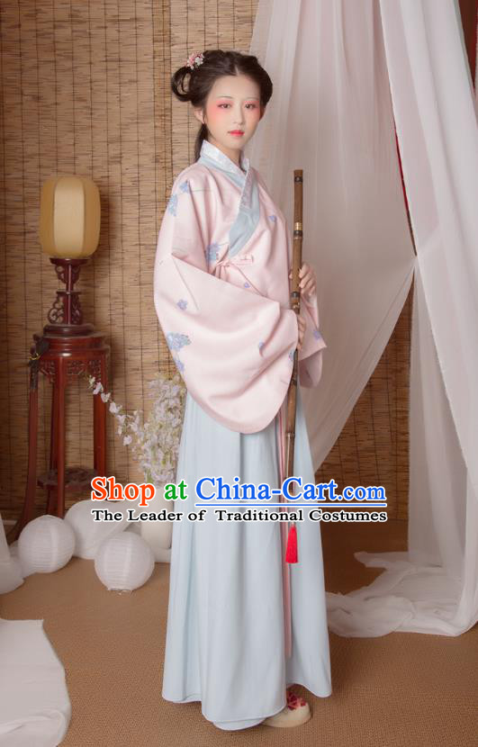 Asian China Ming Dynasty Princess Costume Pink Blouse and Skirt, Traditional Ancient Chinese Palace Lady Hanfu Embroidered Clothing for Women
