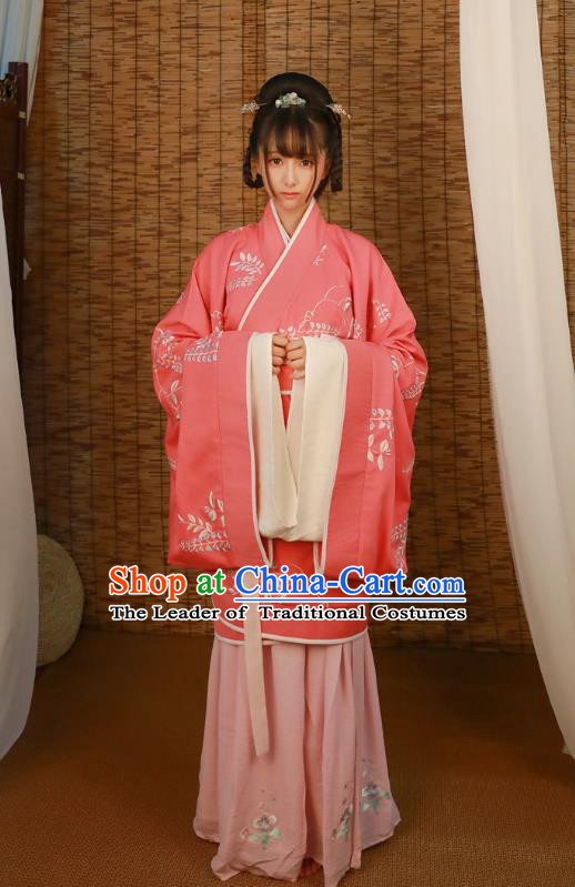 Asian China Han Dynasty Imperial Princess Costume, Traditional Ancient Chinese Hanfu Embroidered Curve Bottom Clothing for Women