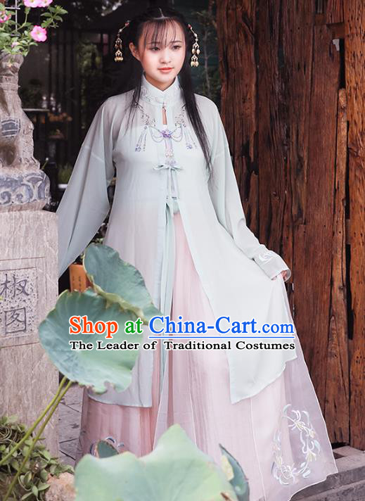 Asian China Ming Dynasty Palace Lady Costume, Traditional Ancient Chinese Imperial Princess Hanfu Embroidered Blouse and Skirt Clothing for Women