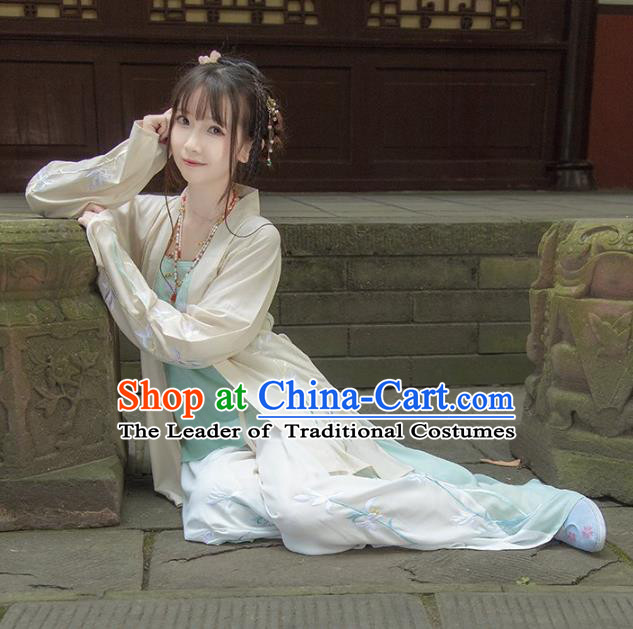 Asian China Song Dynasty Young Lady Costume, Traditional Ancient Chinese Hanfu Blouse and Pants Clothing for Women