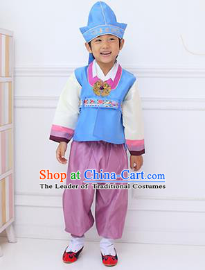 Traditional Korean Handmade Hanbok Embroidered Boy Blue Clothing, Asian Korean Fashion Apparel Hanbok Embroidery Costume for Kids