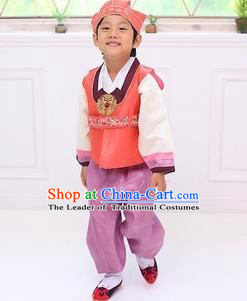 Traditional Korean Handmade Hanbok Embroidered Boy Orange Clothing, Asian Korean Fashion Apparel Hanbok Embroidery Costume for Kids
