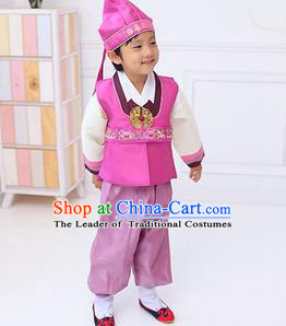 Traditional Korean Handmade Hanbok Embroidered Boy Pink Clothing, Asian Korean Fashion Apparel Hanbok Embroidery Costume for Kids