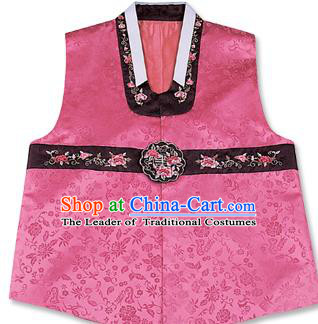 Traditional Korean Handmade Hanbok Embroidered Pink Vest, Asian Korean Apparel Hanbok Embroidery Bridegroom Waistcoat for Men