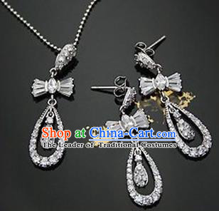 Traditional Korean Accessories Asian Korean Fashion Wedding Crystal Bowknot Necklace and Earrings Complete Set for Women