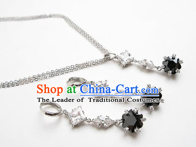 Traditional Korean Accessories Asian Korean Fashion Wedding Black Crystal Necklace and Earrings Complete Set for Women