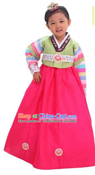 Traditional Korean National Girls Handmade Court Embroidered Clothing, Asian Korean Apparel Hanbok Embroidery Green Blouse Costume for Kids