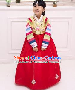 Traditional Korean National Girls Handmade Court Embroidered Clothing, Asian Korean Apparel Hanbok Embroidery Yellow Costume for Kids