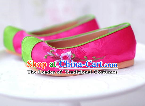 Traditional Korean National Girls Pink Embroidered Shoes, Asian Korean Hanbok Children Bride Shoes for Kids