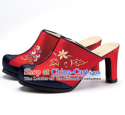 Traditional Korean National Red Embroidered Shoes, Asian Korean Hanbok Bride High-heeled Shoes for Women