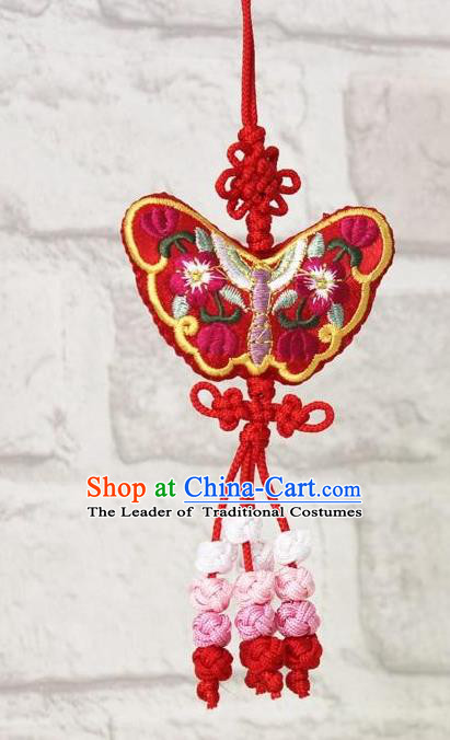 Traditional Korean Accessories Embroidered Butterfly Red Waist Pendant, Asian Korean Fashion Wedding Tassel Waist Decorations for Kids
