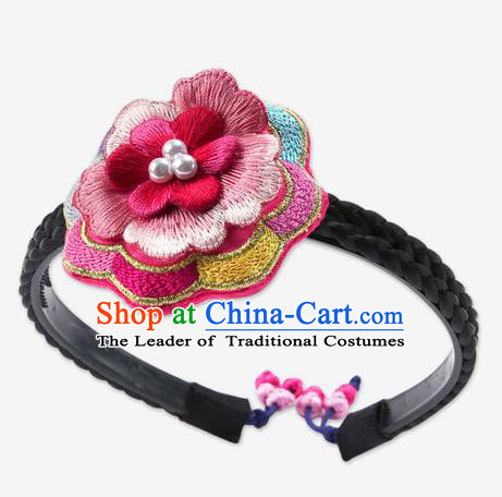 Traditional Korean Hair Accessories Embroidered Flowers Hair Clasp, Asian Korean Fashion Wedding Headband for Kids