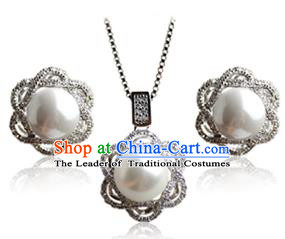 Traditional Korean Accessories Crystal Pearl Necklace and Earrings, Asian Korean Fashion Wedding Jewelry for Women