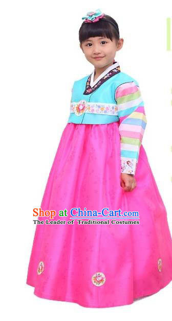 Traditional Korean National Girls Handmade Court Embroidered Clothing, Asian Korean Apparel Hanbok Embroidery Blue Blouse Costume for Kids