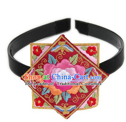 Traditional Korean Hair Accessories Square Embroidered Flowers Pink Hair Clasp, Asian Korean Fashion Headwear Headband for Kids
