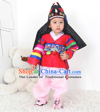 Traditional Korean Handmade Hanbok Embroidered Red Costume, Asian Korean Apparel Hanbok Embroidery Clothing for Boys