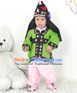 Traditional Korean Handmade Hanbok Embroidered Green Costume and Hats, Asian Korean Apparel Hanbok Embroidery Clothing for Boys