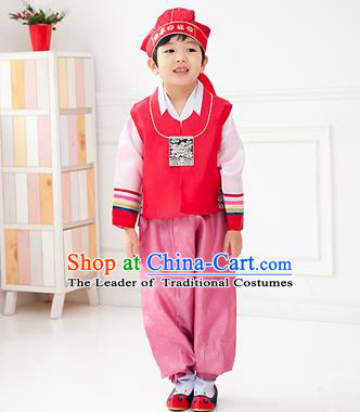 Traditional Korean Handmade Hanbok Embroidered Red Formal Occasions Costume, Asian Korean Apparel Hanbok Clothing for Boys