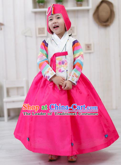 Traditional Korean Handmade Formal Occasions Embroidered Girls Costume, Asian Korean Apparel Bride Hanbok Rosy Dress Clothing for Kids