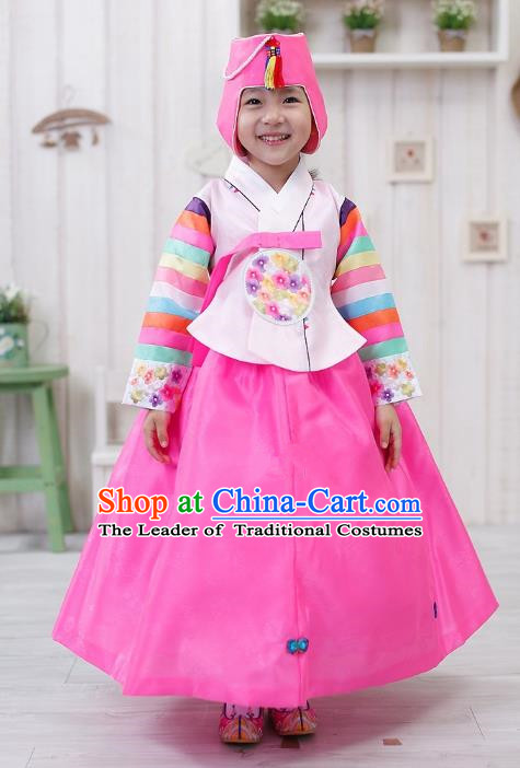 Traditional Korean Handmade Formal Occasions Embroidered Girls Costume, Asian Korean Apparel Bride Hanbok Pink Dress Clothing for Kids