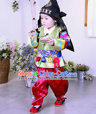 Traditional Korean Handmade Formal Occasions Embroidered Palace Prince Hanbok Green Clothing for Kids