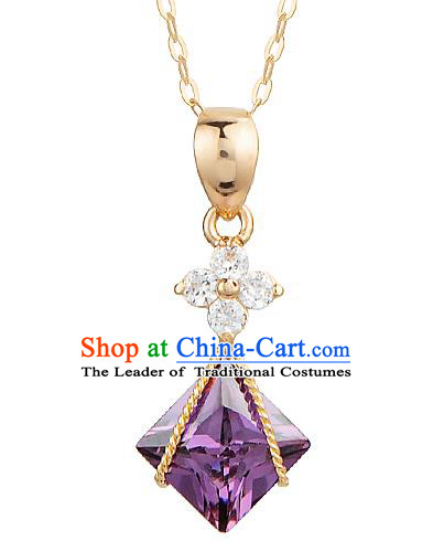 Traditional Korean Accessories Purple Crystal Necklace, Asian Korean Fashion Wedding Tassel 14K Gold Necklet Decorations for Women