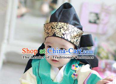 Traditional Korean Hair Accessories Palace Prince Black Hats, Asian Korean Fashion Children Wedding Headwear for Boys