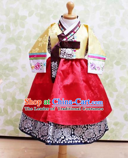 Traditional Korean Handmade Embroidered Formal Occasions Costume, Asian Korean Apparel Hanbok Red Dress Clothing for Girls