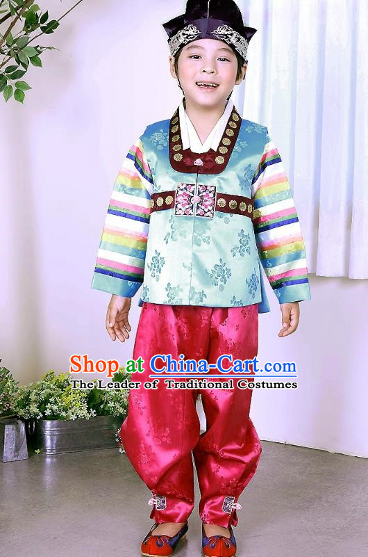 Traditional Korean Handmade Formal Occasions Green Costume and Hats, Asian Korean Apparel Hanbok Clothing for Boys